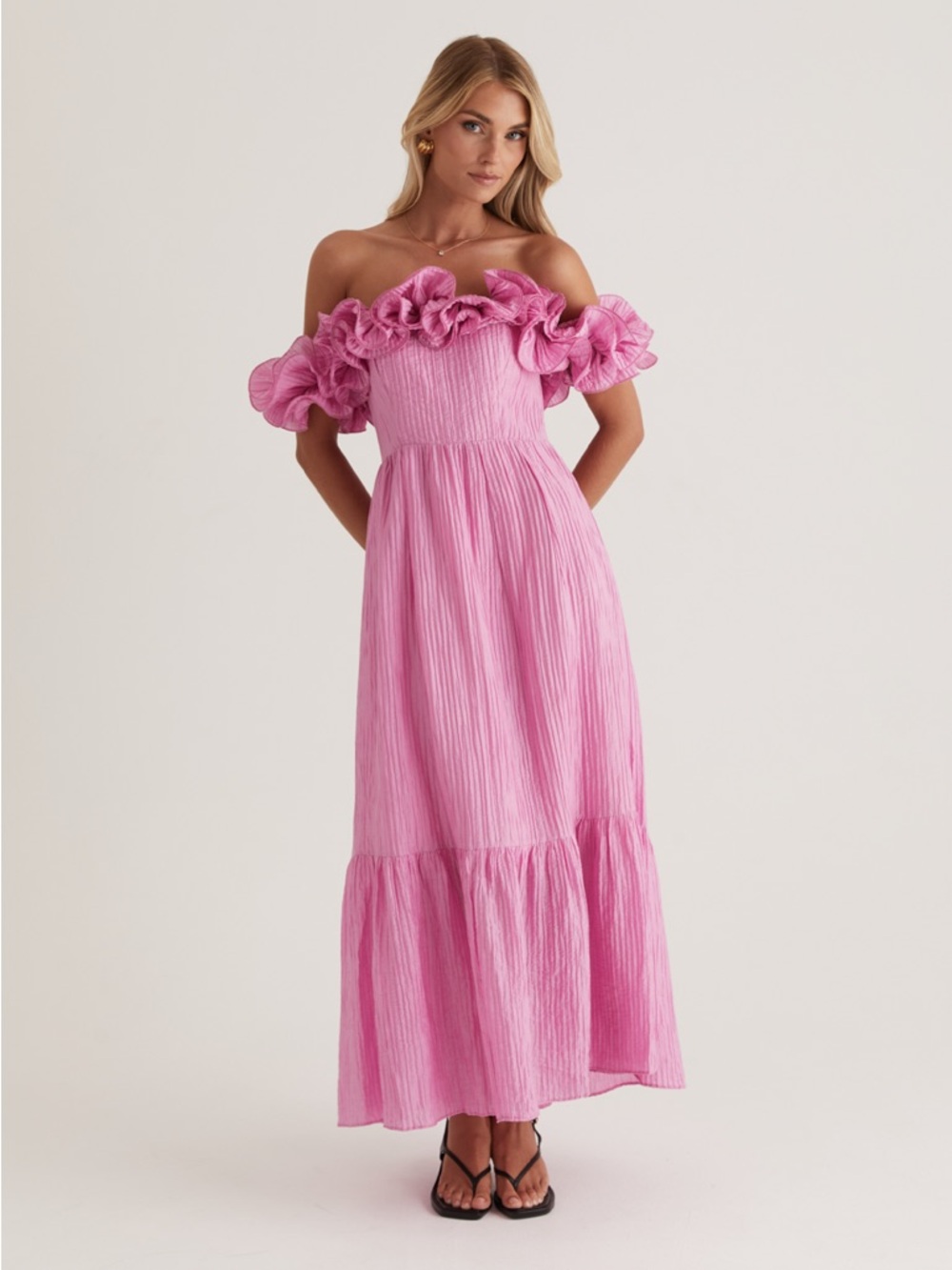 Off-Shoulder Ruffle Maxi Dress in Pink by